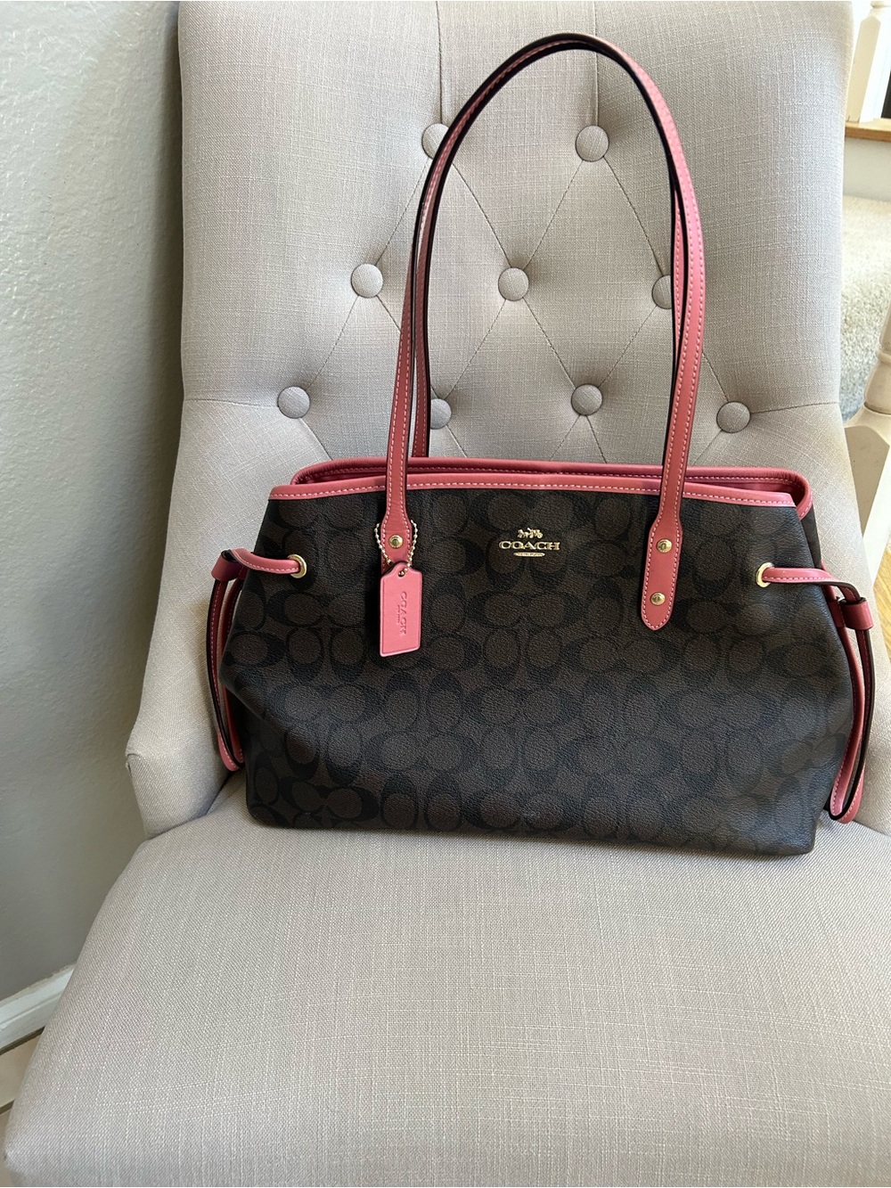 Coach Brown Signature Tote with Pink Trim